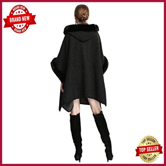 Luxury Batwing Sleeve Faux Fur Hooded Cloak Poncho Sweater Cape - Picture 7 of 8